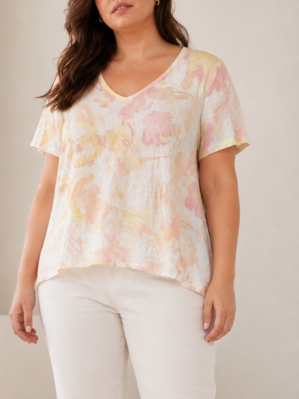 Ted Baker Ciana Floral Linen Blend Summer V-Neck High Low Hem T-Shirt Top